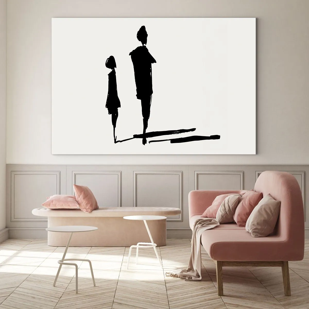 Tablou pe sticlă - Siluete negre a două figuri cu umbre pe un fundal deschis - 70x50cm - Cu siguranță împreună? - Decorațiune modernă pentru perete pentru living și dormitor ARTTOR