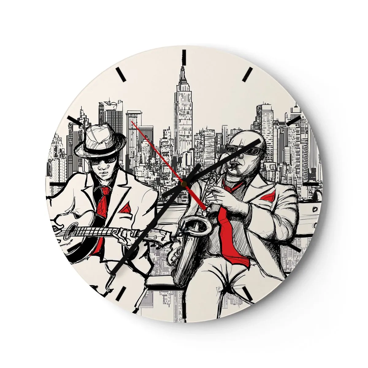 Ceas de perete - Ceas pe sticlă - Un cadran de ceas cu motiv de muzicieni de jazz pe fundalul orașului New York - 30x30cm - Improvizație la New York - Decorațiune modernă pentru perete pentru living, bucătărie și dormitor ARTTOR