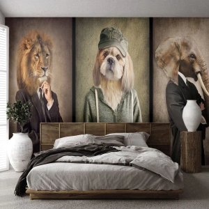 Tapet Standard Eco - Portrete stilizate de animale în haine umane pe un fundal retro - 100x70cm - Be cool - Decorațiune modernă pentru perete pentru living și dormitor ARTTOR