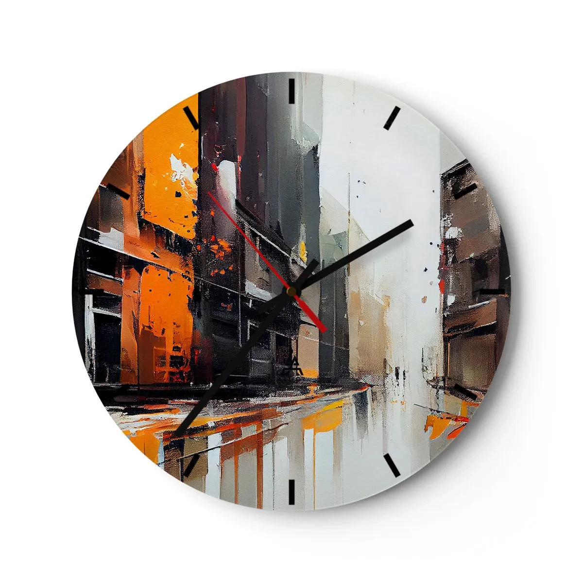 Ceas de perete - Ceas pe sticlă - Scenă stradală abstractă a orașului cu lumină portocalie și ploaie - 30x30cm - O zi ploioasă - Decorațiune modernă pentru perete pentru living, bucătărie și dormitor ARTTOR