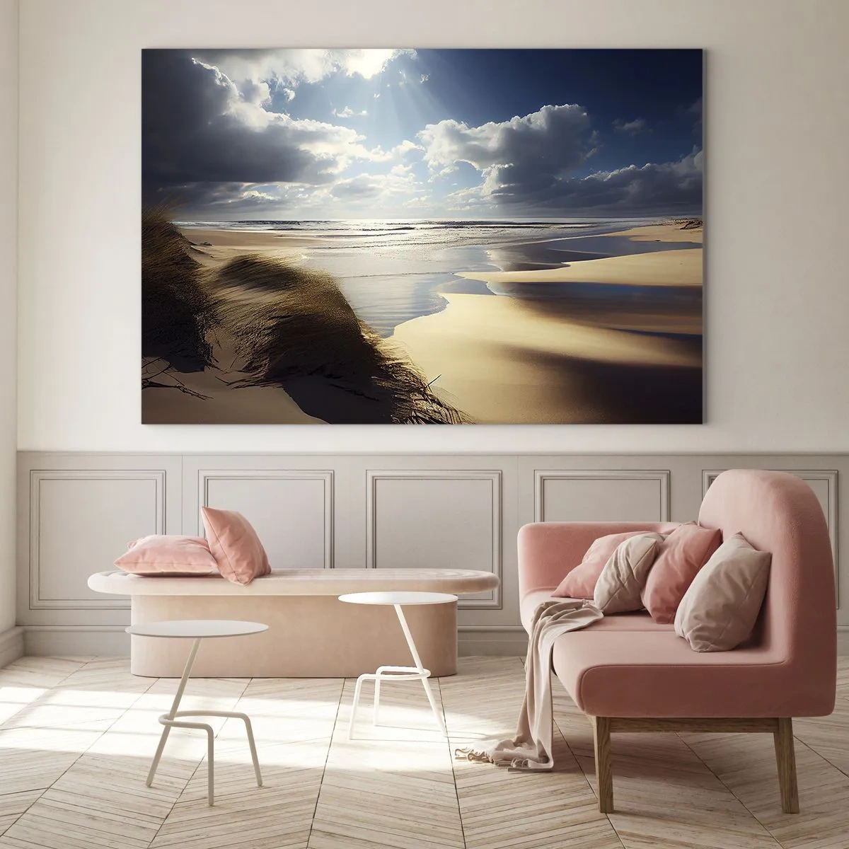 Tablou pe sticlă - O plajă sălbatică iluminată de razele soarelui de sub nori - 70x50cm - Plajă sălbatică - Decorațiune modernă pentru perete pentru living și dormitor ARTTOR