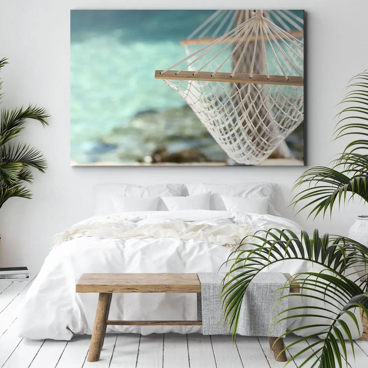 Tablou pe pânză Canvas - Un hamac cu vedere la apa turcoaz - 70x50cm - Timp de relaxare - Decorațiune modernă pentru perete pentru living și dormitor ARTTOR