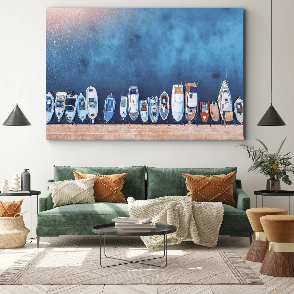 Tablou pe pânză Canvas - Bărci ancorate la țărm pe malul apei albastre - 70x50cm - Aliniere - Decorațiune modernă pentru perete pentru living și dormitor ARTTOR