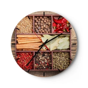 Ceas de perete - Ceas pe sticlă - Condimente în compartimente din lemn - 30x30cm - Ordine de forme, buchet de arome - Decorațiune modernă pentru perete pentru living, bucătărie și dormitor ARTTOR