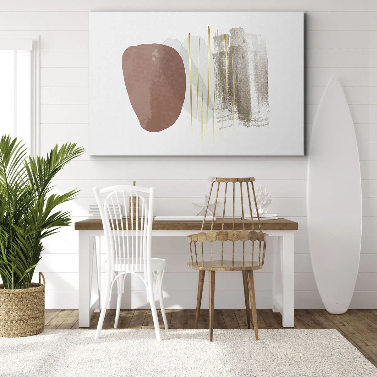 Tablou pe pânză Canvas - Compoziție abstractă în nuanțe de bej și auriu - 70x50cm - Colonadă abstractă - Decorațiune modernă pentru perete pentru living și dormitor ARTTOR
