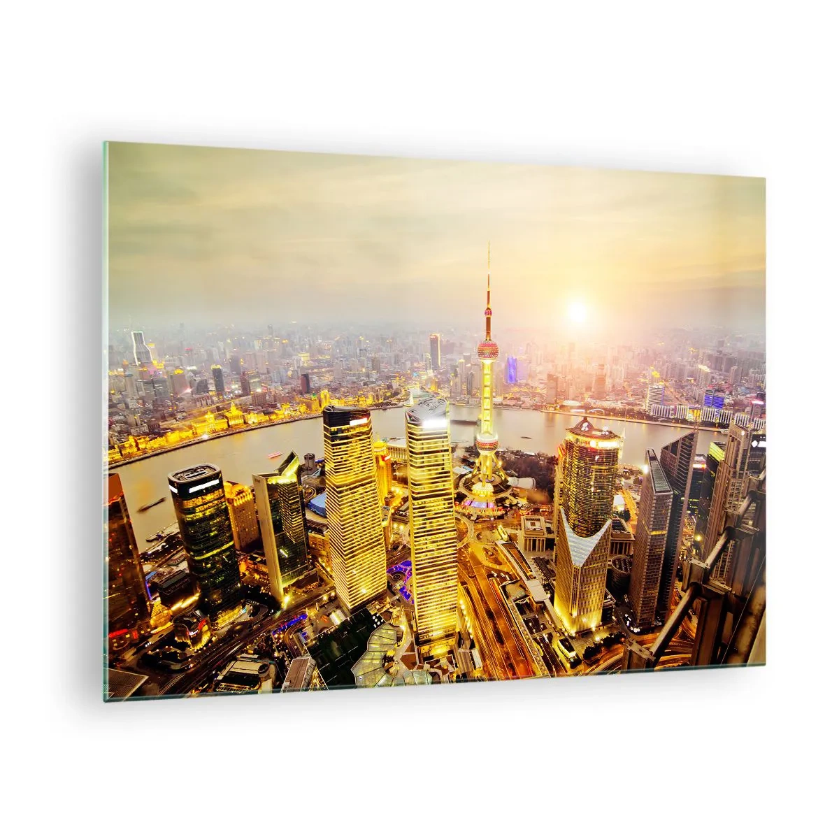 Tablou pe sticlă - Panoramă a orașului la apus cu zgârie-nori - 70x50cm - Visul asiatic - Decorațiune modernă pentru perete pentru living și dormitor ARTTOR