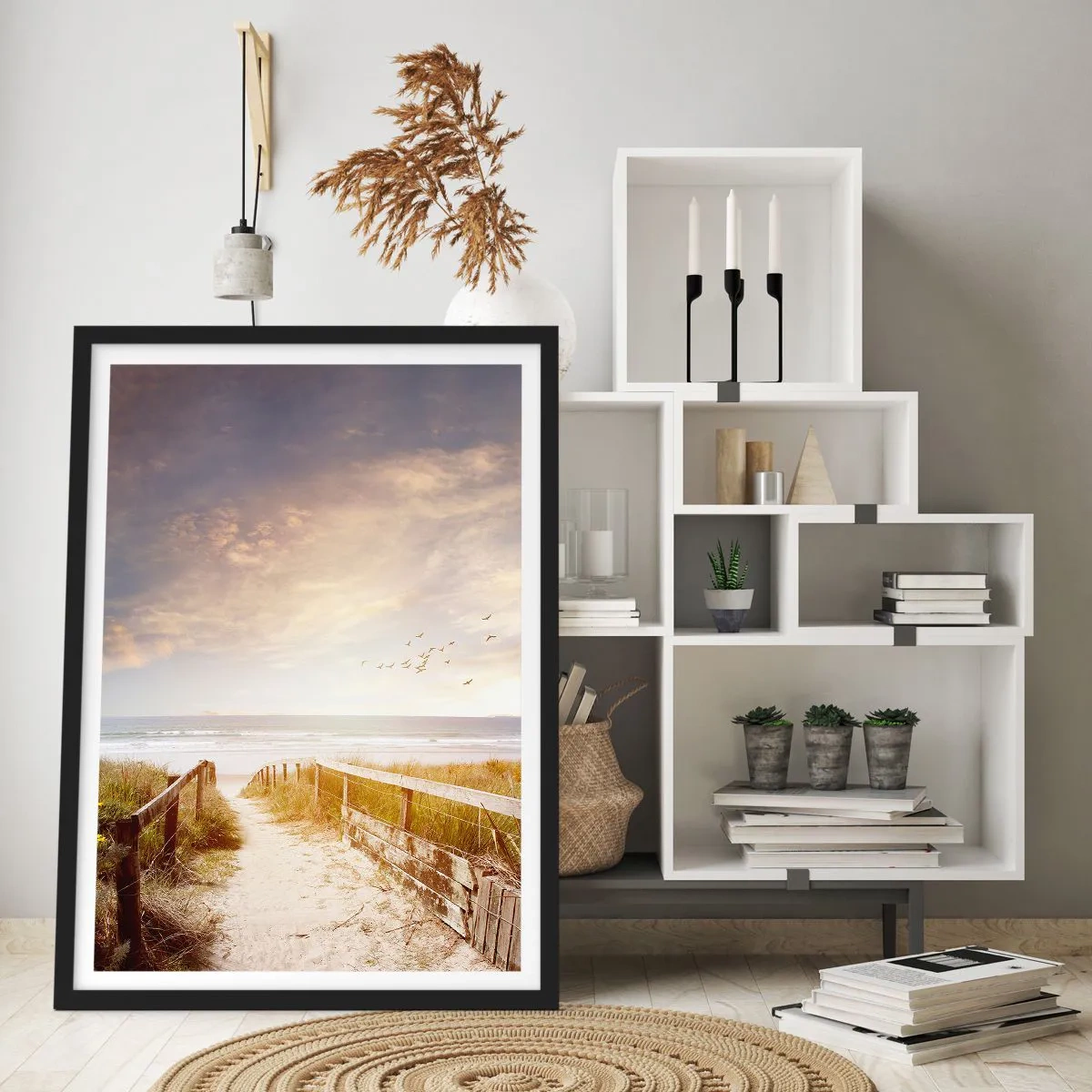 Poster în ramă neagră - Calea spre plajă la apus, cu păsări în zbor - 50x70cm - Spațiu pentru liniște - Decorațiune modernă pentru perete pentru living și dormitor ARTTOR
