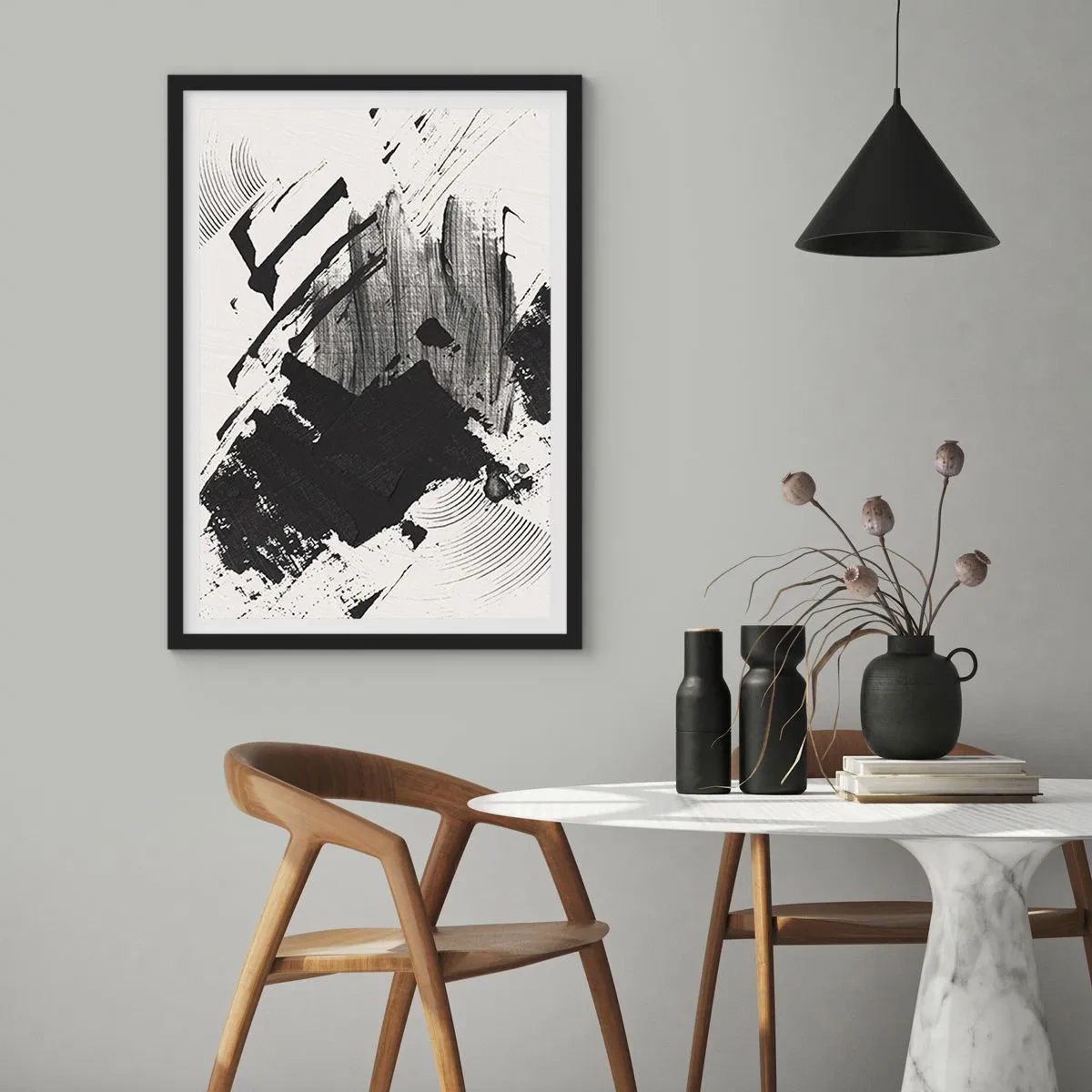 Poster în ramă neagră - Tușe de pensulă abstracte alb-negru - 50x70cm - Abstracție - expresie de negru - Decorațiune modernă pentru perete pentru living și dormitor ARTTOR