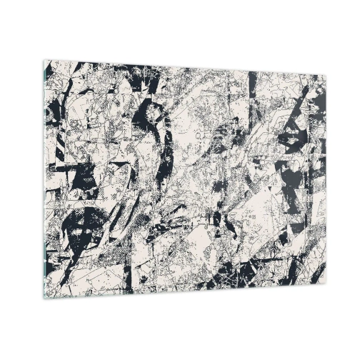 Tablou pe sticlă - Abstracție alb-negru cu linii și texturi dinamice - 70x50cm - Întrepătrunderea contrariilor - Decorațiune modernă pentru perete pentru living și dormitor ARTTOR