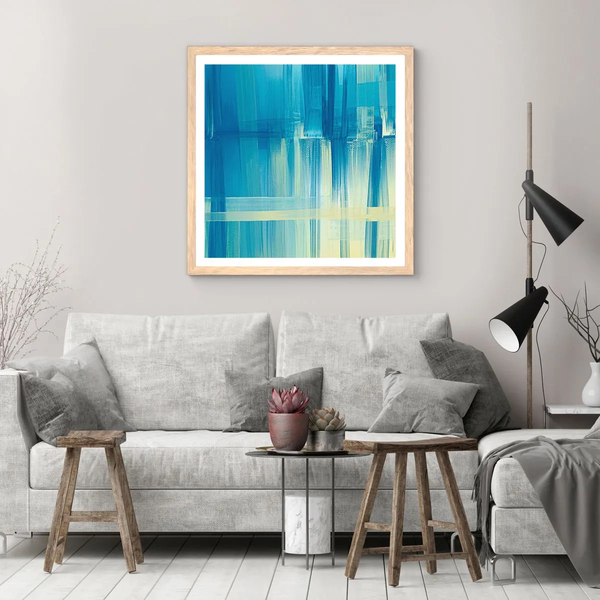 Poster în ramă de stejar deschis - Compoziție în turcoaz - 40x40 cm