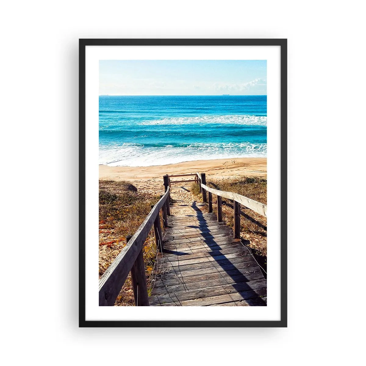 Poster în ramă neagră - Drum de lemn care duce la plajă cu vedere la mare - 50x70cm - Aleargă! - Decorațiune modernă pentru perete pentru living și dormitor ARTTOR