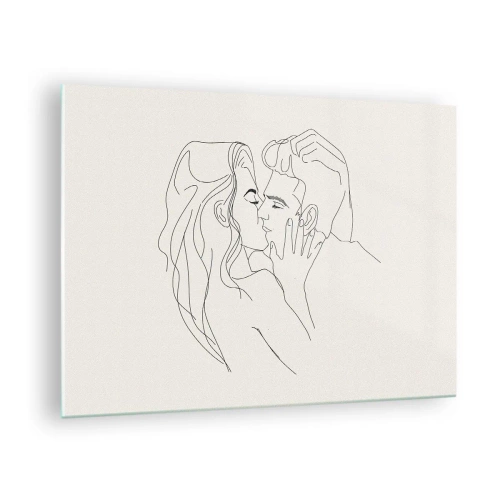 Tablou pe sticlă - Un sărut senzual al unui cuplu pe linia de contur - 70x50cm - Încurcați în sentimente - Decorațiune modernă pentru perete pentru living și dormitor ARTTOR