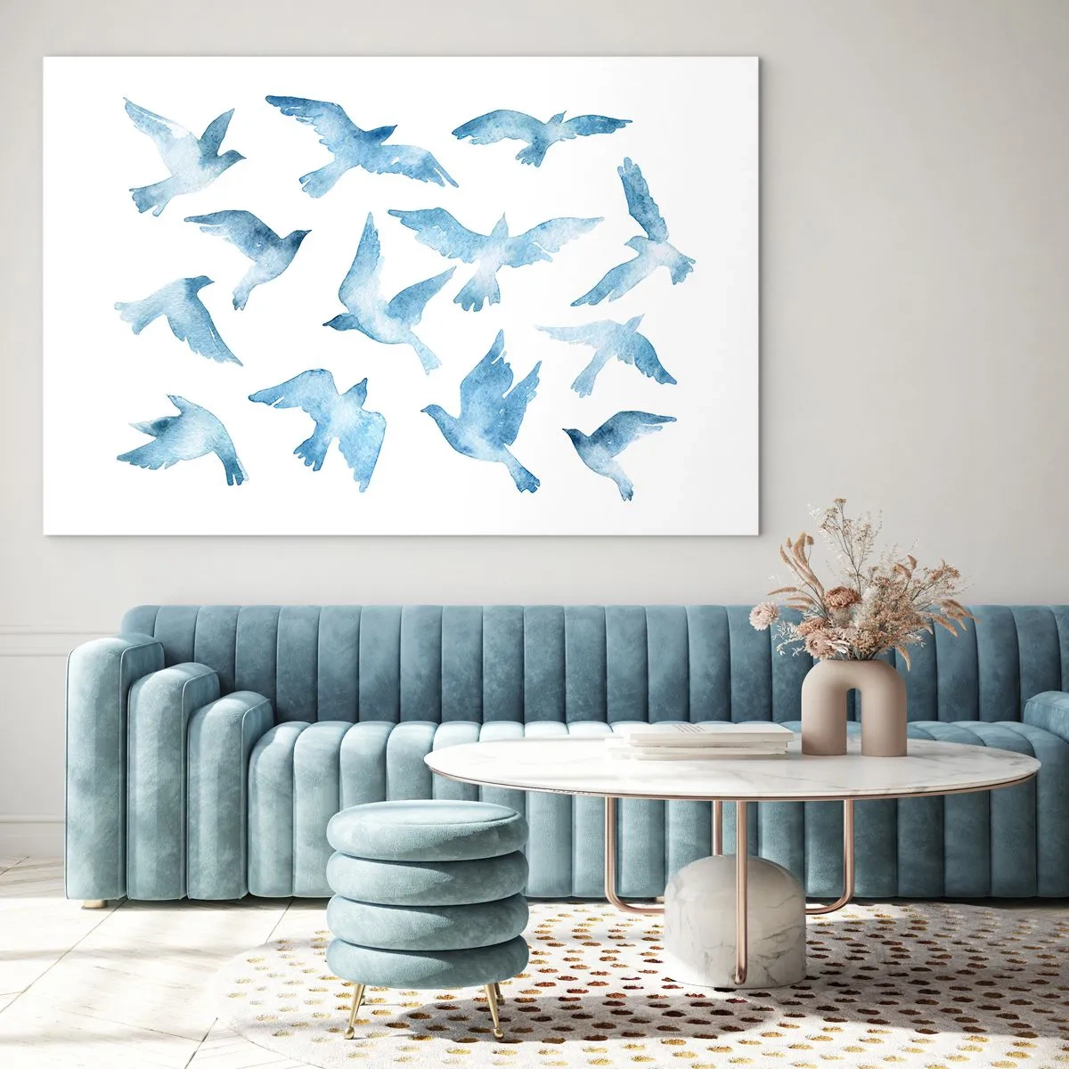 Tablou pe sticlă - Ilustrație cu păsări albastre pe fundal alb - 70x50cm - Păsări albastre - Decorațiune modernă pentru perete pentru living și dormitor ARTTOR