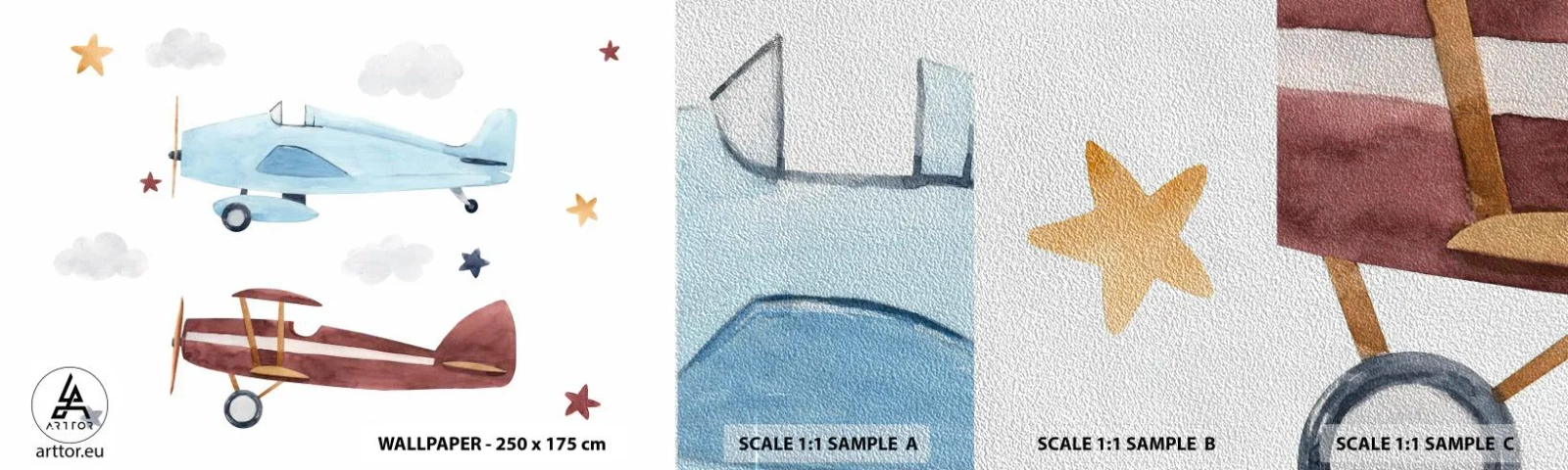 Mostră tapet Premium Sand - Domnule Pilot, vă așteptăm! - Avioane, Retro, Pentru copii - 100x30 cm