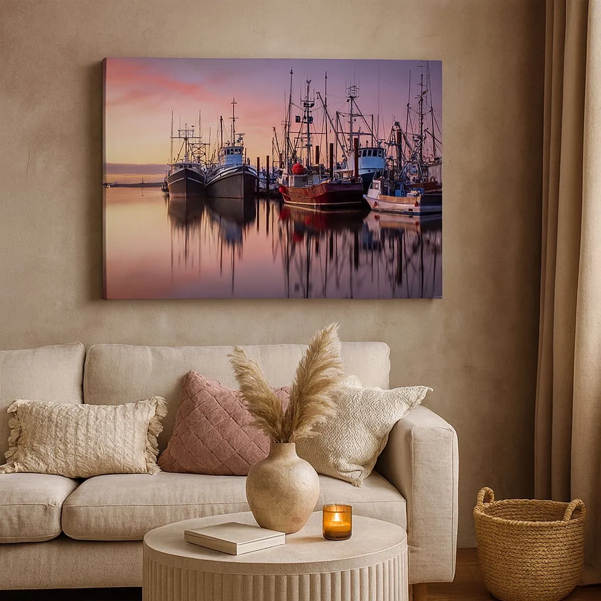 Tablou pe pânză Canvas - Bărci de pescuit în port la apus - 70x50cm - Înainte de o zi plină - Decorațiune modernă pentru perete pentru living și dormitor ARTTOR