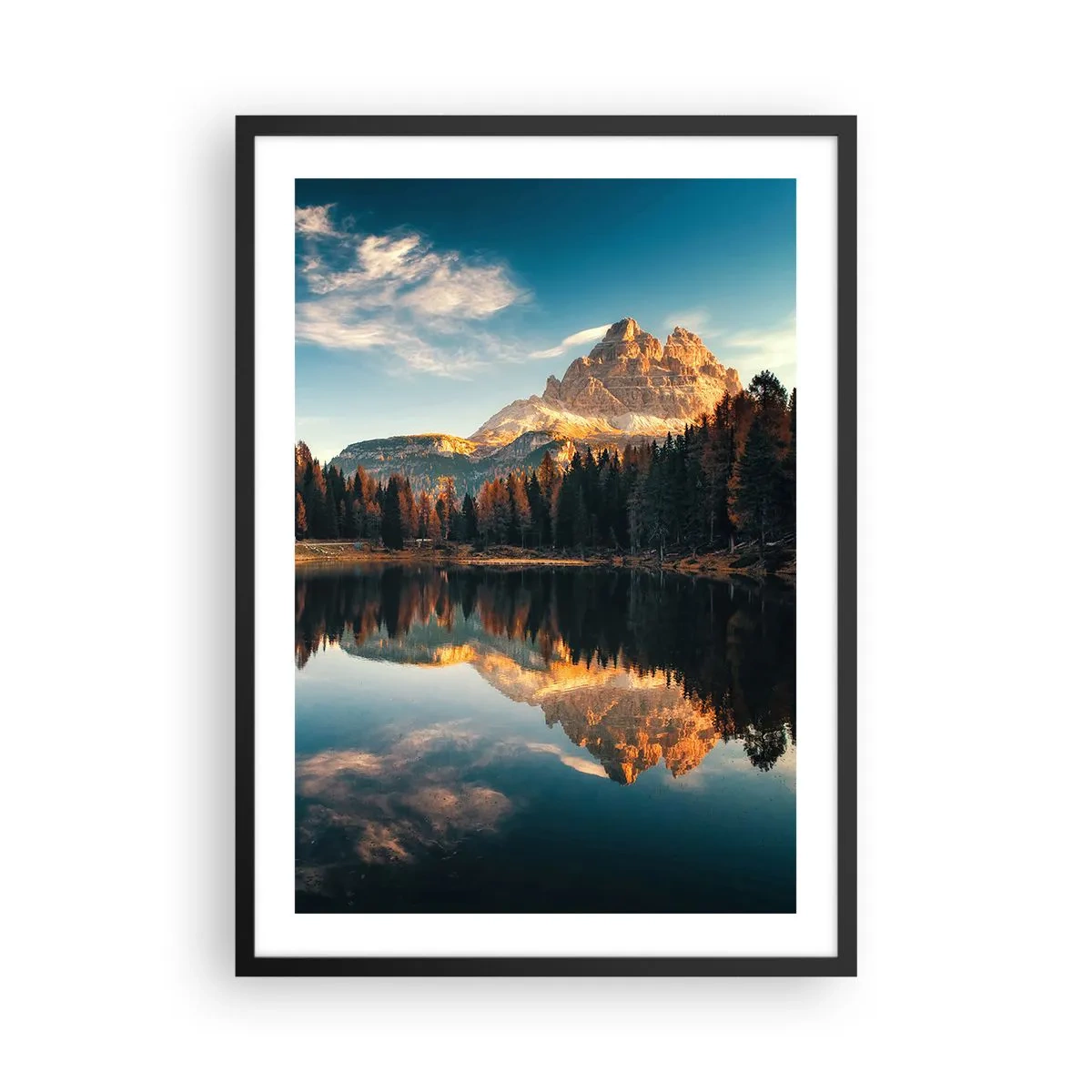 Poster în ramă neagră - Un vârf de munte reflectat într-un lac liniștit - 50x70cm - Peisaj dublat - Decorațiune modernă pentru perete pentru living și dormitor ARTTOR