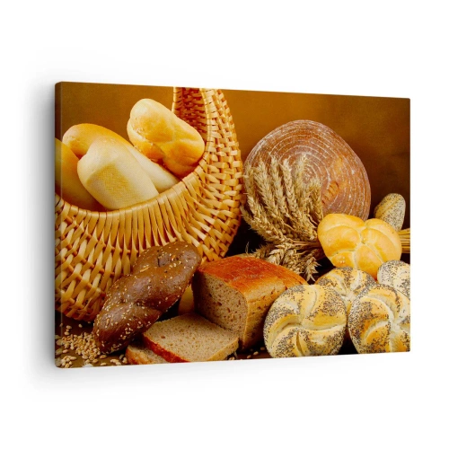 Tablou pe pânză Canvas - Diverse pâini într-un coș de răchită pe un fundal auriu - 70x50cm - Am scăpat din nou - Decorațiune modernă pentru perete pentru living și dormitor ARTTOR
