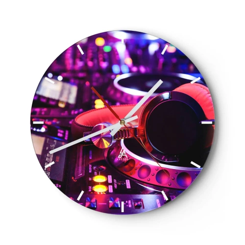 Ceas de perete - Ceas pe sticlă - Căști DJ pe o consolă cu iluminare neon - 30x30cm - Înainte de a începe distracția - Decorațiune modernă pentru perete pentru living, bucătărie și dormitor ARTTOR