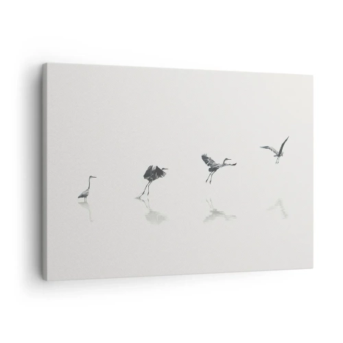 Tablou pe pânză Canvas - Patru siluete de păsări reflectate în apa calmă - 70x50cm - Patru pași simpli - Decorațiune modernă pentru perete pentru living și dormitor ARTTOR