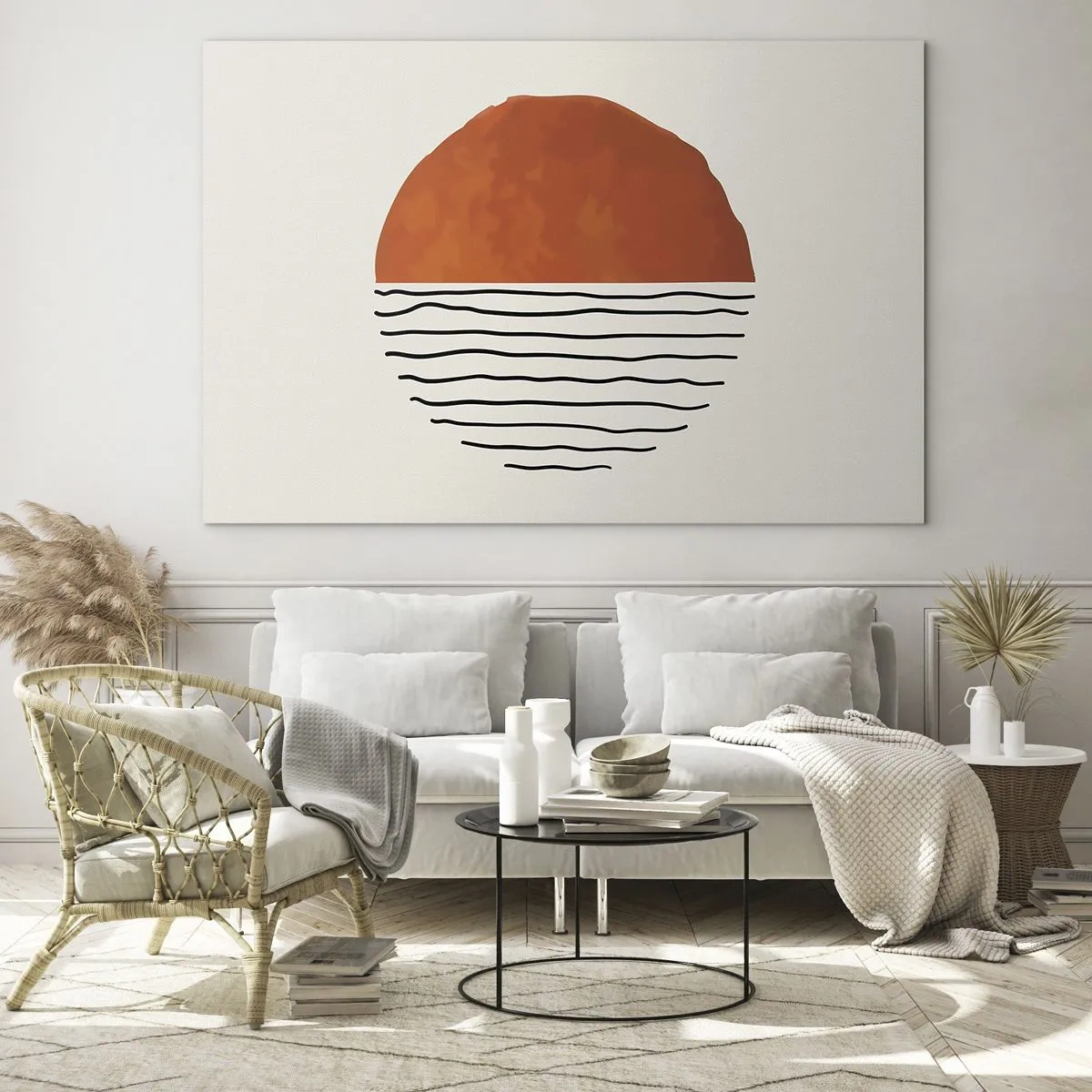 Tablou pe sticlă - Soare minimalist peste linia valurilor - 70x50cm - În stil japonez - Decorațiune modernă pentru perete pentru living și dormitor ARTTOR