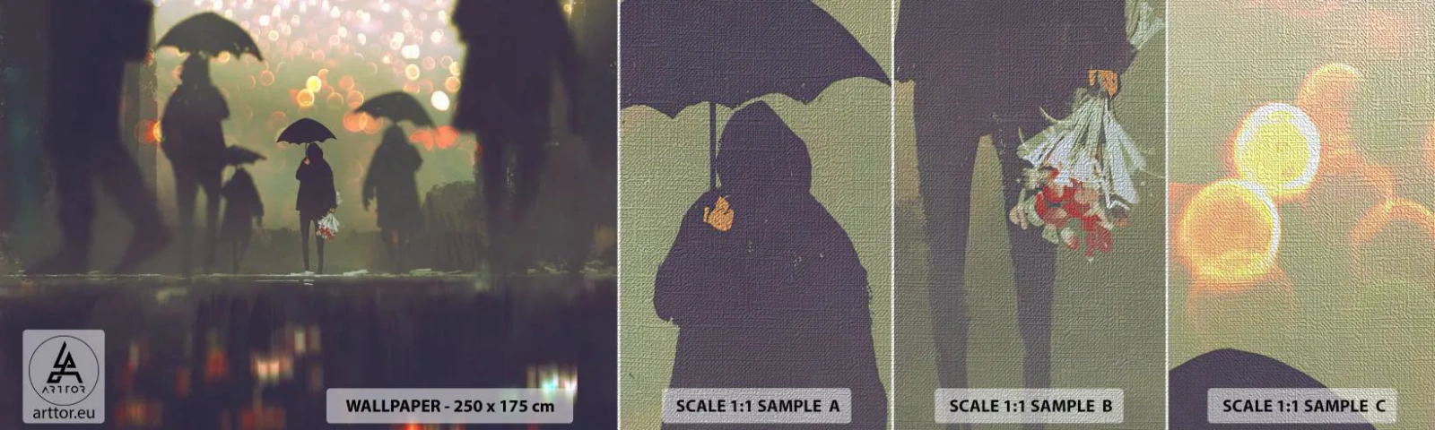 Mostră tapet Premium Canvas - Din perspectiva unei picături de ploaie - Plimbare in ploaie, oameni, Grafică - 100x30 cm