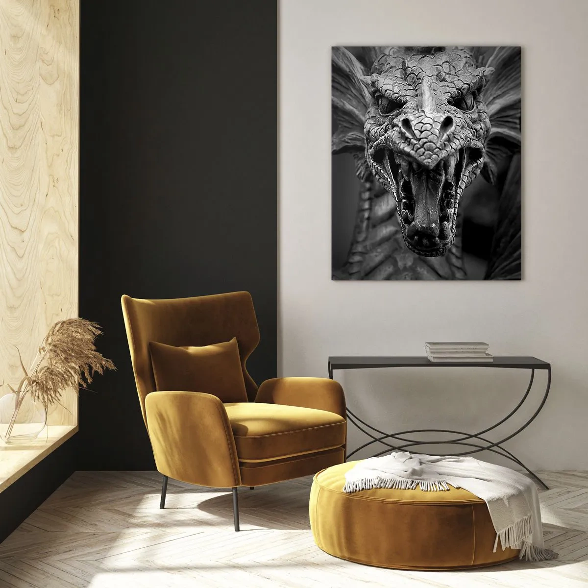 Tablou pe sticlă - Dragon de basm în gri - 80x120 cm