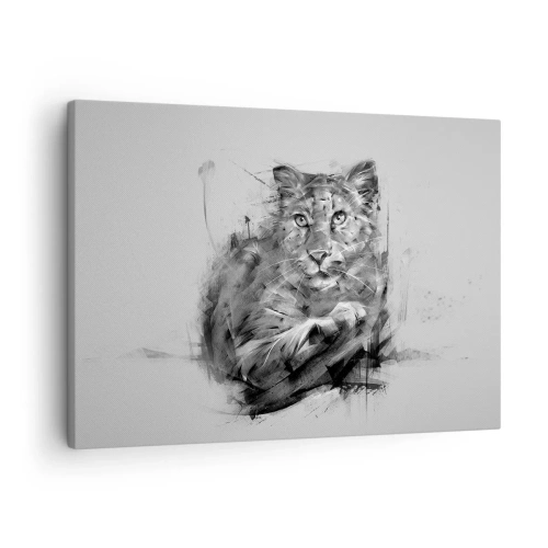 Tablou pe pânză Canvas - Portret alb-negru al unui leu într-un stil artistic cu linii dinamice. - 70x50cm - Da, te ascult cu atenție - Decorațiune modernă pentru perete pentru living și dormitor ARTTOR