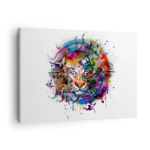 Tablou pe pânză Canvas - Portret colorat al unui leu într-un stil abstract - 70x50cm - Ascunzându-se în spatele voalului curcubeu - Decorațiune modernă pentru perete pentru living și dormitor ARTTOR