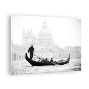 Tablou pe sticlă - O gondolă alb-negru pe fundalul Veneției - 70x50cm - O călătorie la sursa frumuseții - Decorațiune modernă pentru perete pentru living și dormitor ARTTOR
