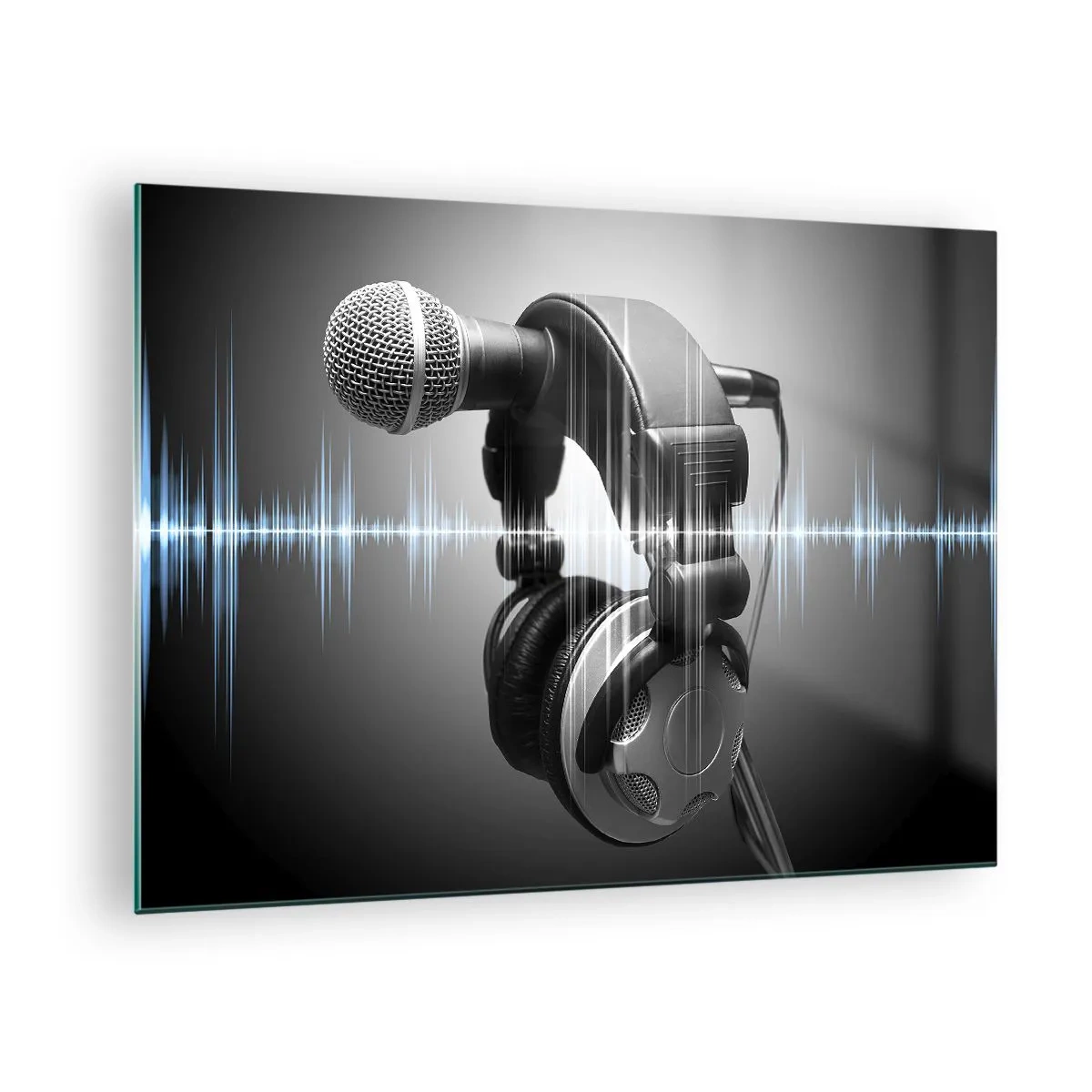 Tablou pe sticlă - Microfon cu căști pe un fundal de unde sonore - 70x50cm - Încă se mai poate auzi cântecul - Decorațiune modernă pentru perete pentru living și dormitor ARTTOR