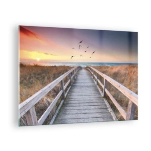 Tablou pe sticlă - O pasarelă de lemn peste dune care duce la plajă la apus - 70x50cm - Spațiul pentru a zbura - Decorațiune modernă pentru perete pentru living și dormitor ARTTOR