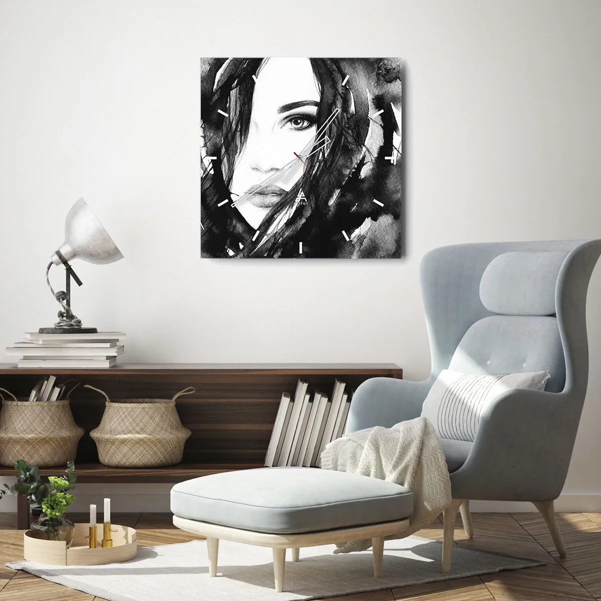 Ceas de perete - Ceas pe sticlă - Studiu unei dame în alb și negru - 40x40 cm