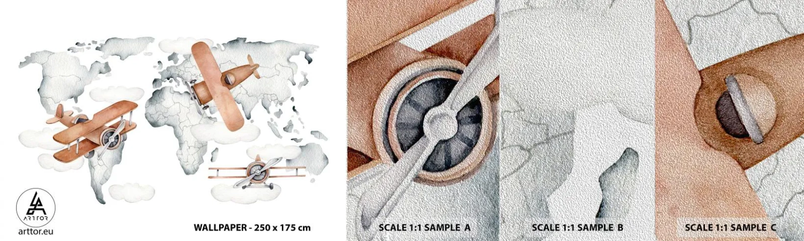 Mostră tapet Premium Sand - În spirit de pionierat - Harta lumii, Avioane, Pentru copii - 100x30 cm