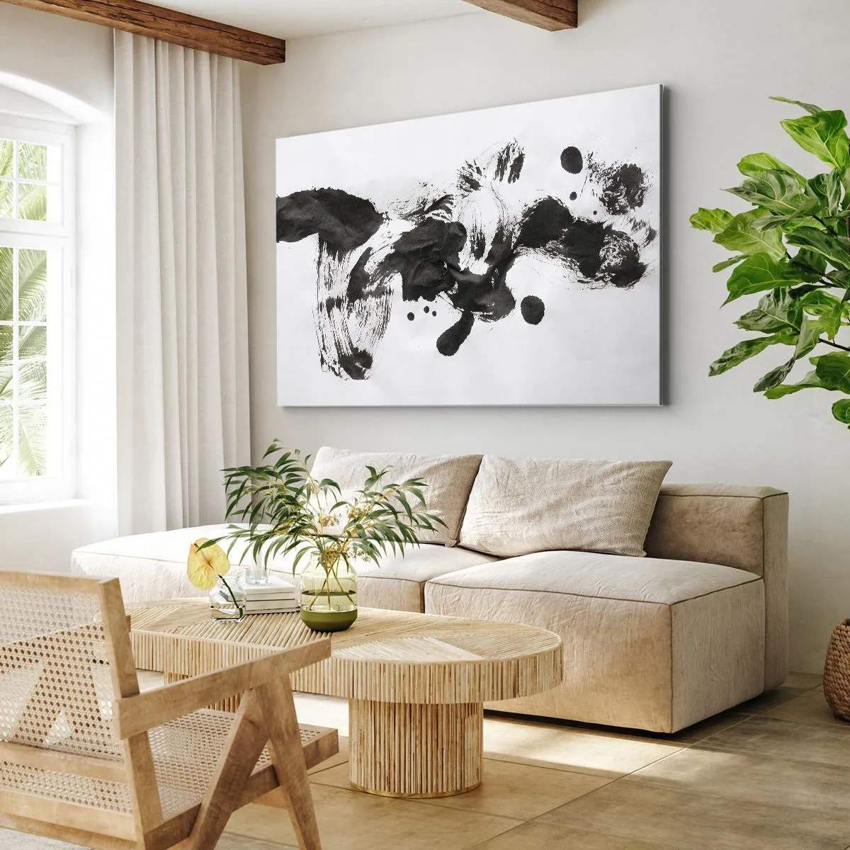 Tablou pe pânză Canvas - Compoziție abstractă de pete negre pe fundal alb - 70x50cm - Metodă în nebunie? - Decorațiune modernă pentru perete pentru living și dormitor ARTTOR