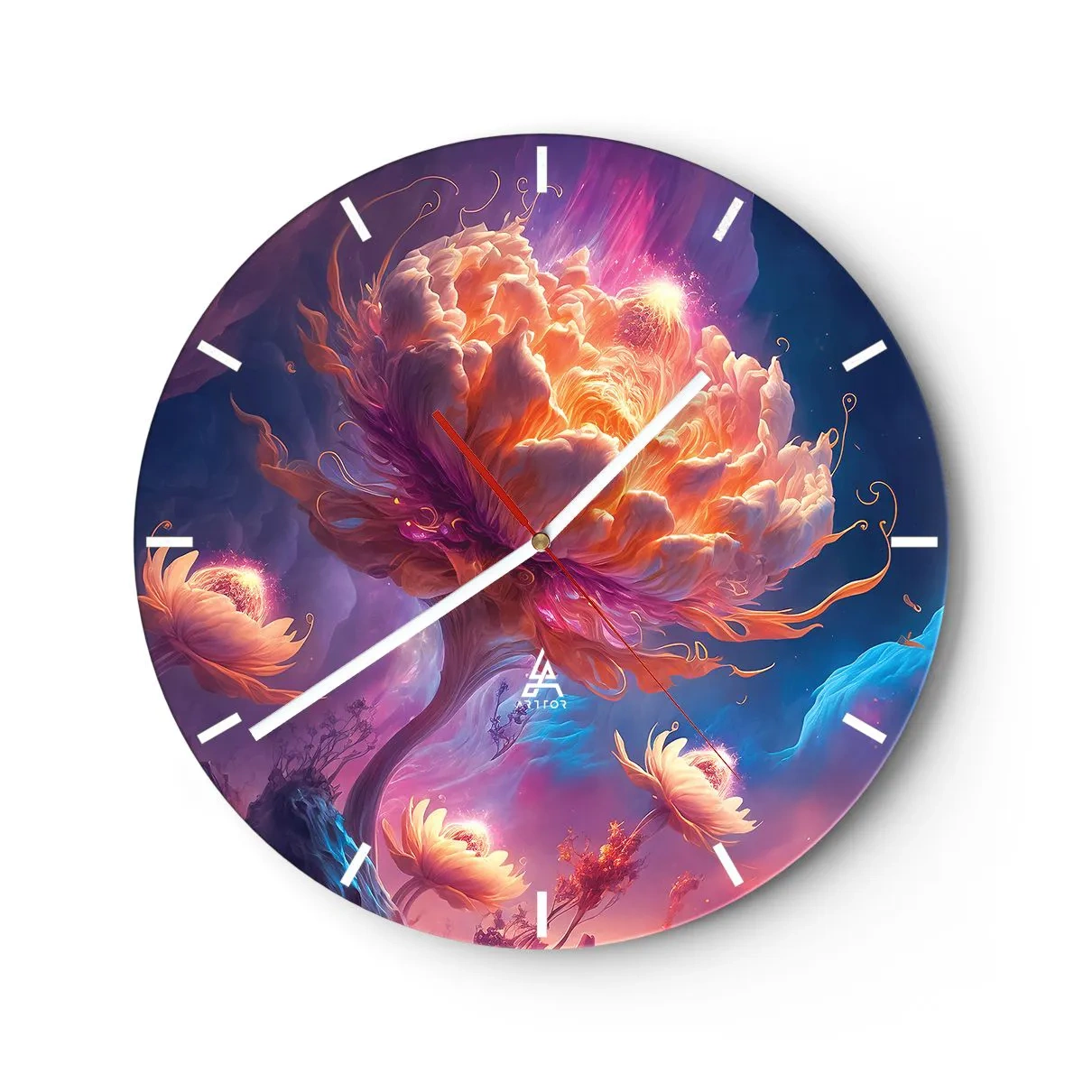 Ceas de perete - Ceas pe sticlă - O floare fantastică iluminată într-un peisaj cosmic - 30x30cm - O altă lume - Decorațiune modernă pentru perete pentru living, bucătărie și dormitor ARTTOR