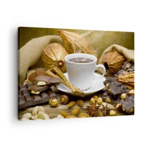 Tablou pe pânză Canvas - O ceașcă de ciocolată caldă înconjurată de cacao și scorțișoară - 70x50cm - Pentru amatorii de senzații tari - Decorațiune modernă pentru perete pentru living și dormitor ARTTOR