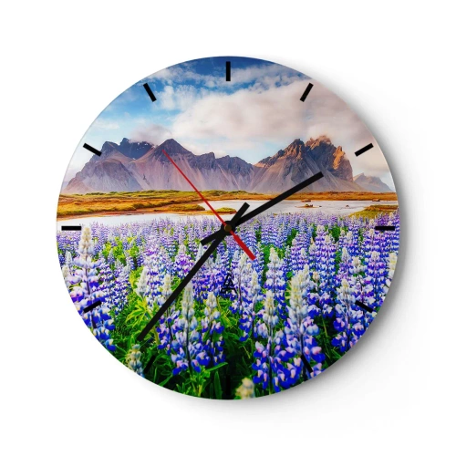 Ceas de perete - Ceas pe sticlă - Peisaj cu câmpuri de flori și munți în fundal - 30x30cm - Putere și severitate alături de blândețe - Decorațiune modernă pentru perete pentru living, bucătărie și dormitor ARTTOR