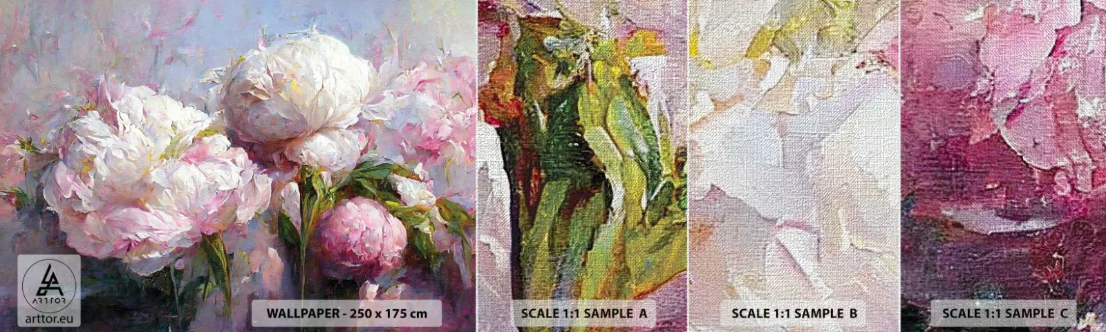 Mostră tapet Premium Canvas - Un buchet plin de viață - Flori, Bujori, Clasicism - 100x30 cm