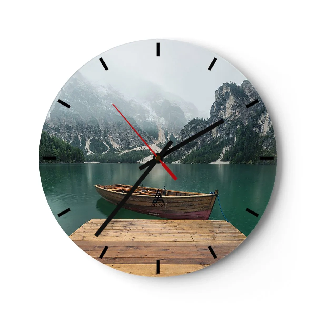 Ceas de perete - Ceas pe sticlă - O barcă de lemn pe un lac înconjurat de munți - 30x30cm - Și frunțile mândre - Decorațiune modernă pentru perete pentru living, bucătărie și dormitor ARTTOR