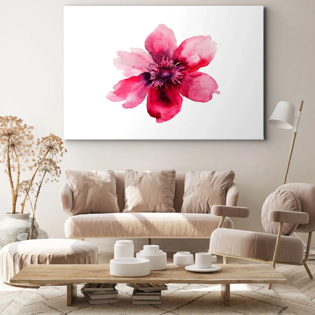 Tablou pe pânză Canvas - Floare roz în stil acuarelă pe fundal alb - 70x50cm - Sărut parfumat de carmin - Decorațiune modernă pentru perete pentru living și dormitor ARTTOR