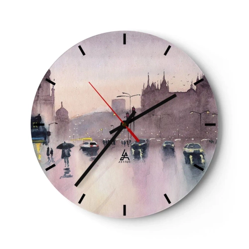 Ceas de perete - Ceas pe sticlă - Stradă ploioasă cu pietoni și mașini la amurg - 30x30cm - Într-o ceață ploioasă - Decorațiune modernă pentru perete pentru living, bucătărie și dormitor ARTTOR
