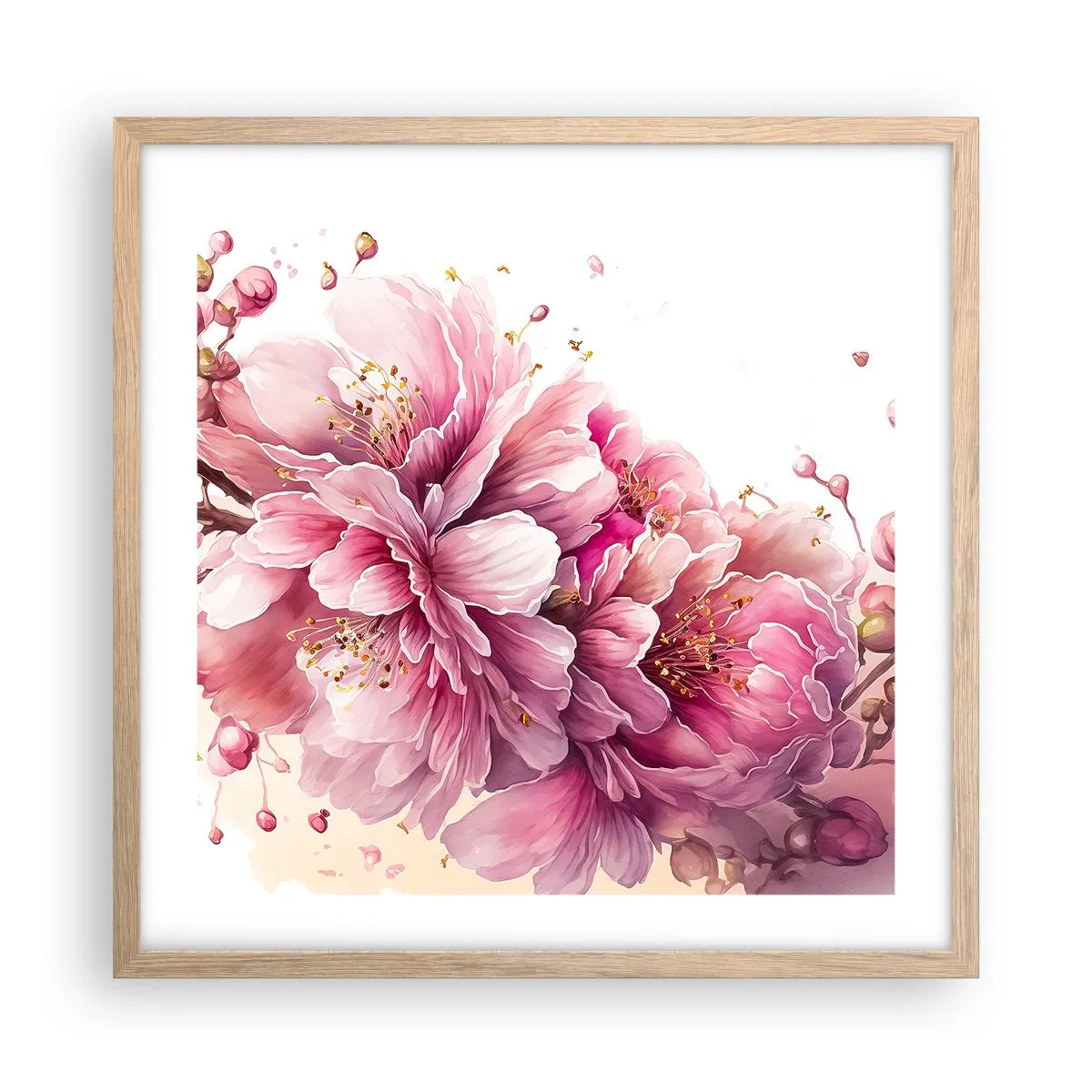 Poster în ramă de stejar deschis - Flori de cireș - 50x50 cm