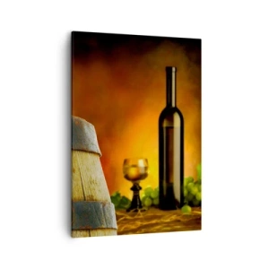 Tablou pe pânză - Natură moartă cu o sticlă de vin și un ciorchine de struguri - 50x70 cm