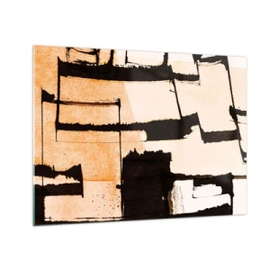 Tablou pe sticlă - Abstracție geometrică în nuanțe de bej și negru - 70x50cm - Cu toate acestea, ordinea - Decorațiune modernă pentru perete pentru living și dormitor ARTTOR
