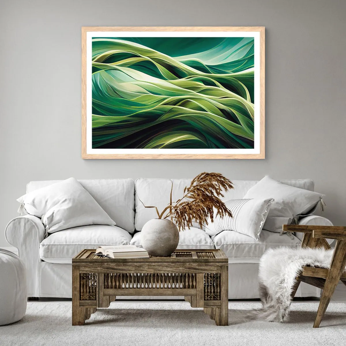 Poster în ramă de stejar deschis - Un joc abstract de verde - 100x70 cm