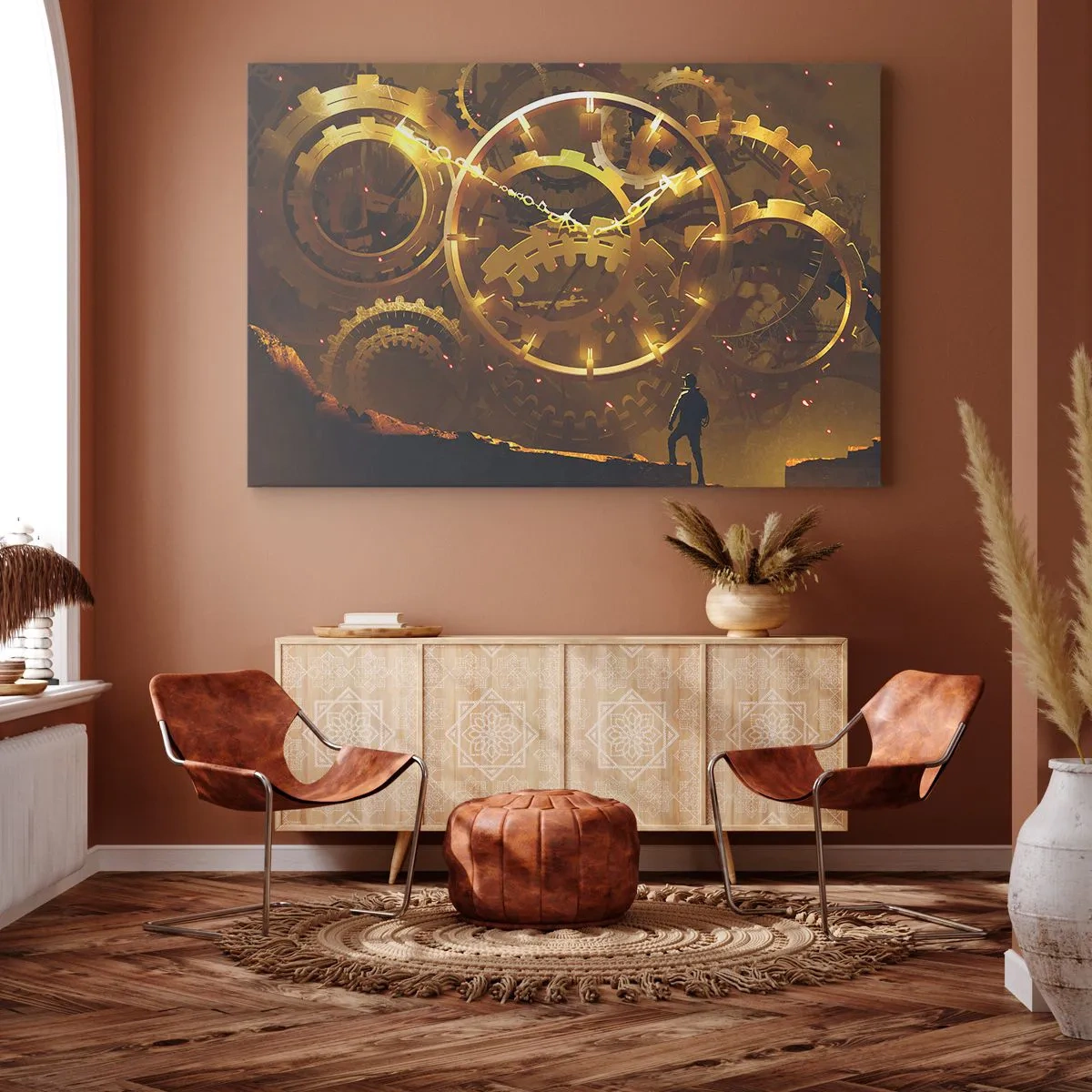 Tablou pe pânză Canvas - Angrenaje aurii într-un decor suprarealist cu o figură - 70x50cm - La sursa timpului - Decorațiune modernă pentru perete pentru living și dormitor ARTTOR