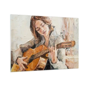 Tablou pe sticlă - O fată cântând la chitară într-un stil impresionist - 70x50cm - Concert pentru chitară și inima unei fete - Decorațiune modernă pentru perete pentru living și dormitor ARTTOR