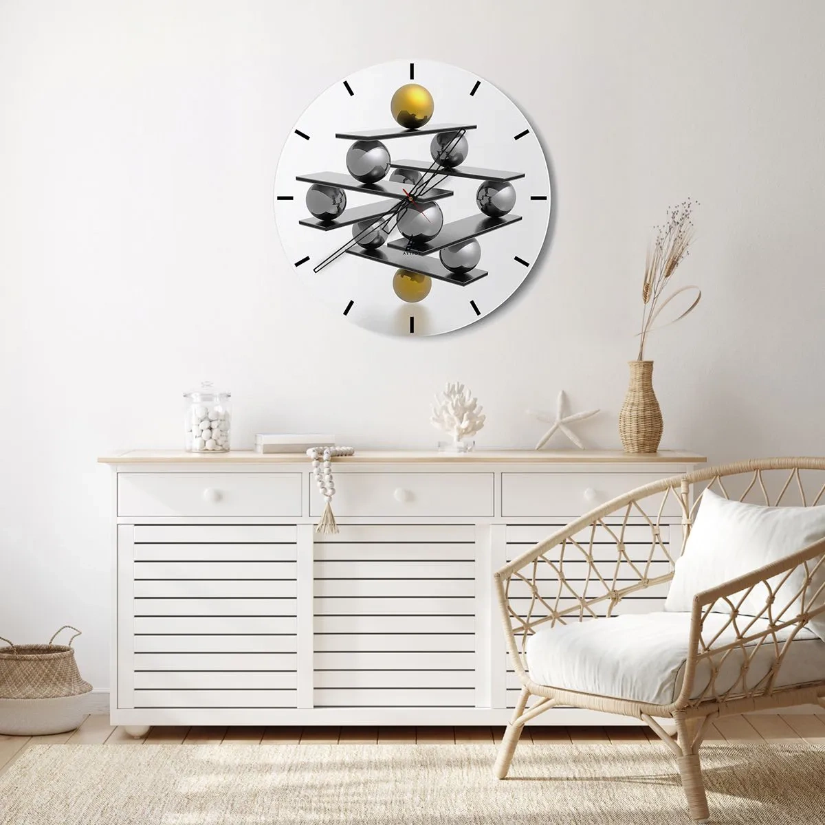Ceas de perete - Ceas pe sticlă - O compoziție modernă de bile de aur și argint pe un fundal alb - 30x30cm - Balanța aur-argint - Decorațiune modernă pentru perete pentru living, bucătărie și dormitor ARTTOR