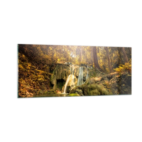 Tablou pe sticlă - Cascada de pădure în verde - 100x40 cm