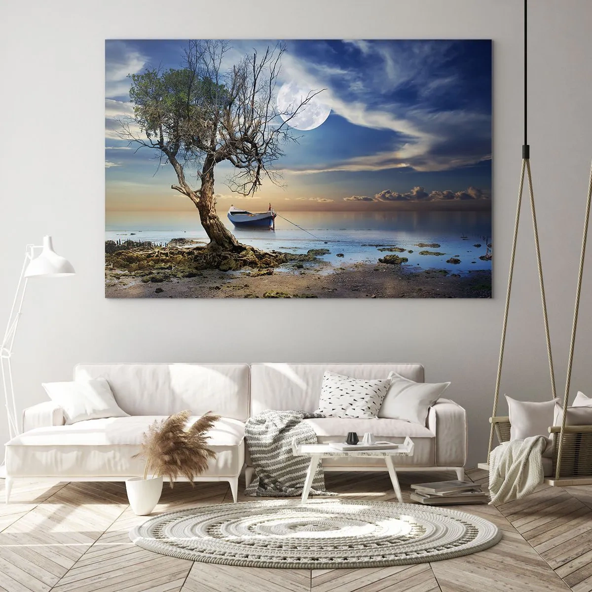 Tablou pe sticlă - O barcă singuratică lângă un copac pe fundalul lunii - 70x50cm - Este acesta sfârșitul sau începutul? - Decorațiune modernă pentru perete pentru living și dormitor ARTTOR